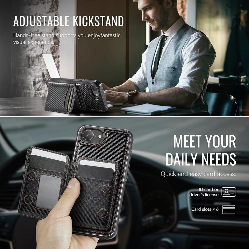 Usroom for iPhone 16e Detachable Wallet Case with Card Holder, 2 in 1 RFID Blocking Credit Slots Kickstand Shockproof Phone Wallet for iPhone 16e 6.1" Carbon Black - Image 5